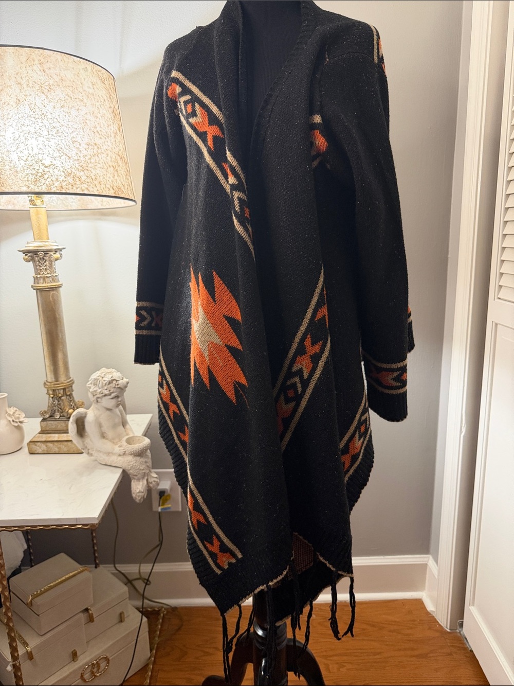 Anama Black Orange Southwestern Knit Wrap Jacket